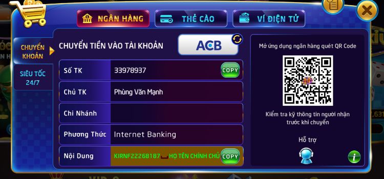 Nạp tiền Rikvip vào ngân hàng 